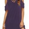 Women Summer Cold Shoulder Criss Cross Neckline Short Sleeve Casual Tunic Top Dress (S-3XL)