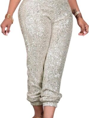 Women Casual Sequin Sparkle Glitter High Waist Pencil Pants Trousers Clubwear