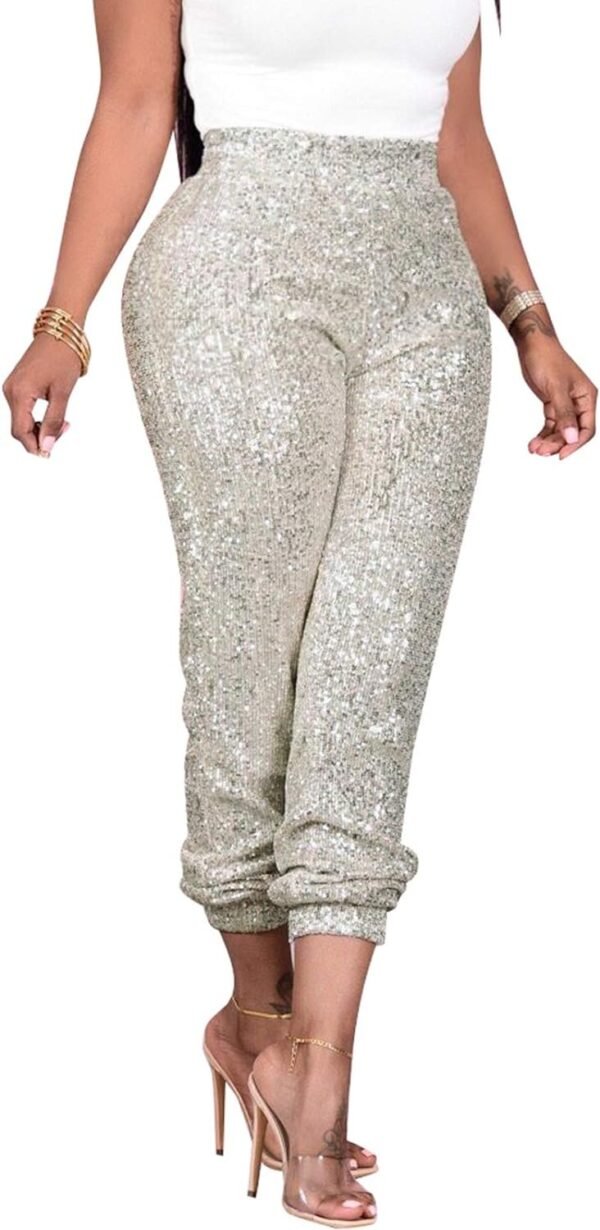 Women Casual Sequin Sparkle Glitter High Waist Pencil Pants Trousers Clubwear