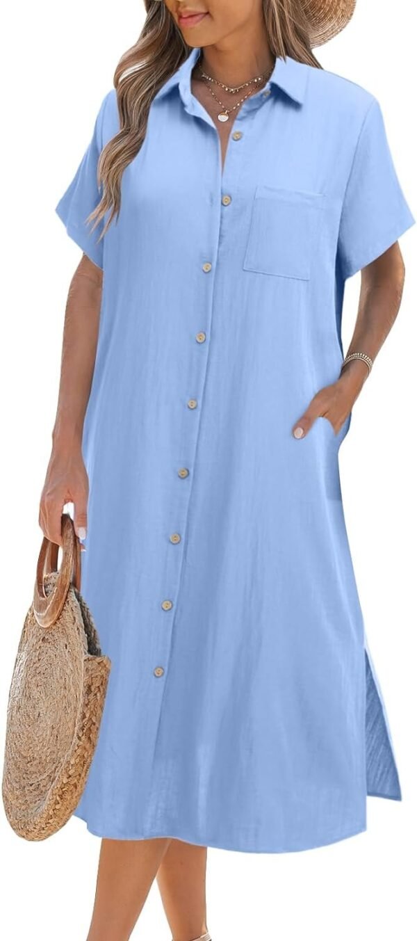Womens Dress Summer Casual Short Sleeve Button Down Shirt Dress Beach Cover Up Dress with Pockets