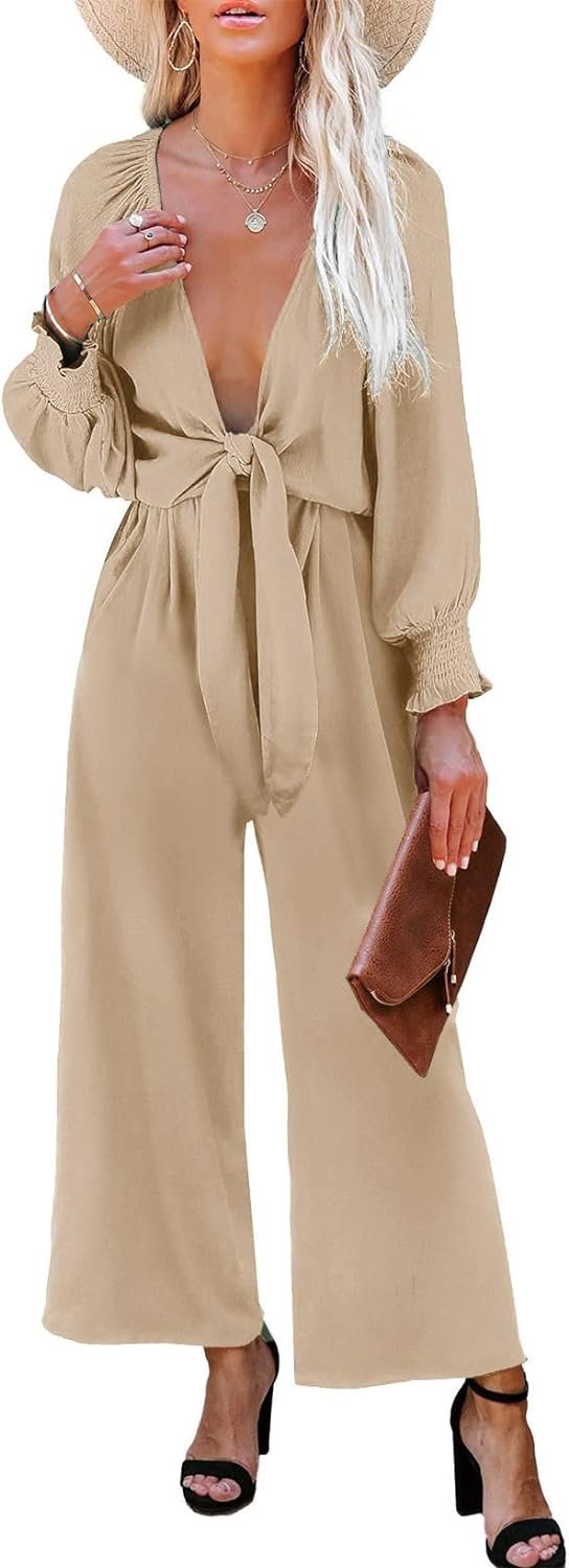 Rompers for Women Dressy Spring Summer Tie Knot Front Sexy V Neck Jumpsuits