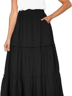 Womens High Waist A Line Ruffle Swing Long Maxi Skirt with Pockets