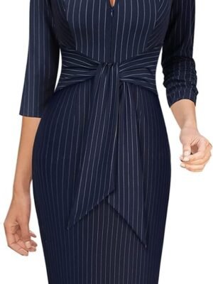 Womens Front Zipper Tie Waist Slim Work Business Office Bodycon Pencil Dress