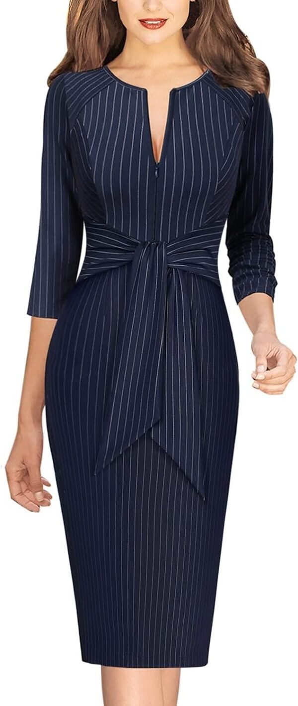 Womens Front Zipper Tie Waist Slim Work Business Office Bodycon Pencil Dress