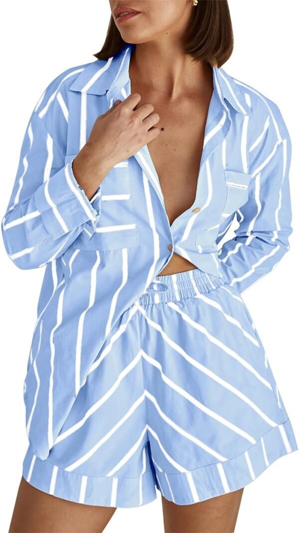 Women's Striped 2 Piece Outfits Casual Oversized Button Down Shirts and Short Lounge Pajamas Set