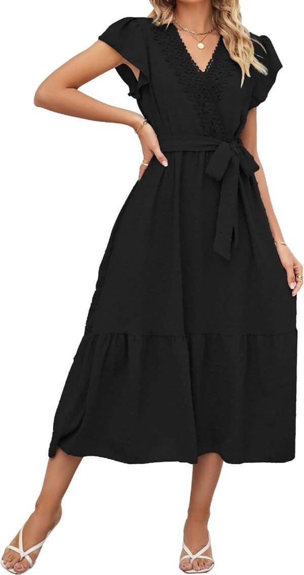 Women's Wrap V Neck Wedding Guest Dress Flutter Sleeve Swiss Dot A-Line Midi Summer Beach Dress