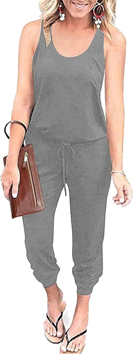 Womens Sleeveless Drawstring Elastic Waist Loose Jumpsuits
