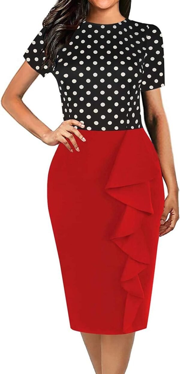Women's Vintage Short Sleeve Polka Dot Falbala Fold Slim Fit Pencil Dress