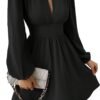Women's Long Lantern Sleeve Mock Neck Cut Out Dress Elegant A Line Short Dresses