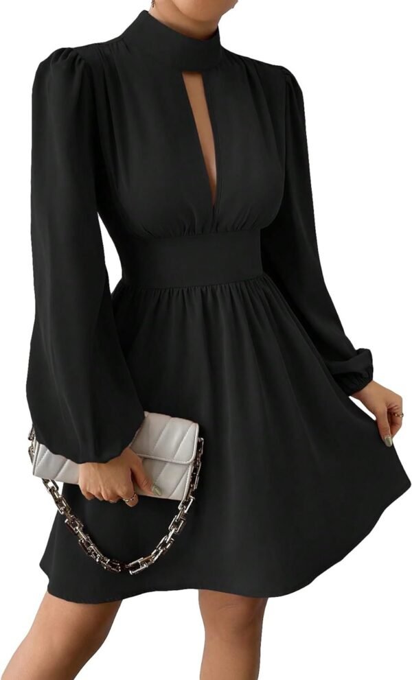 Women's Long Lantern Sleeve Mock Neck Cut Out Dress Elegant A Line Short Dresses
