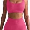 Workout Outfits for Women 2 Piece Seamless Ribbed High Waist Leggings with Sports Bra Exercise Set…