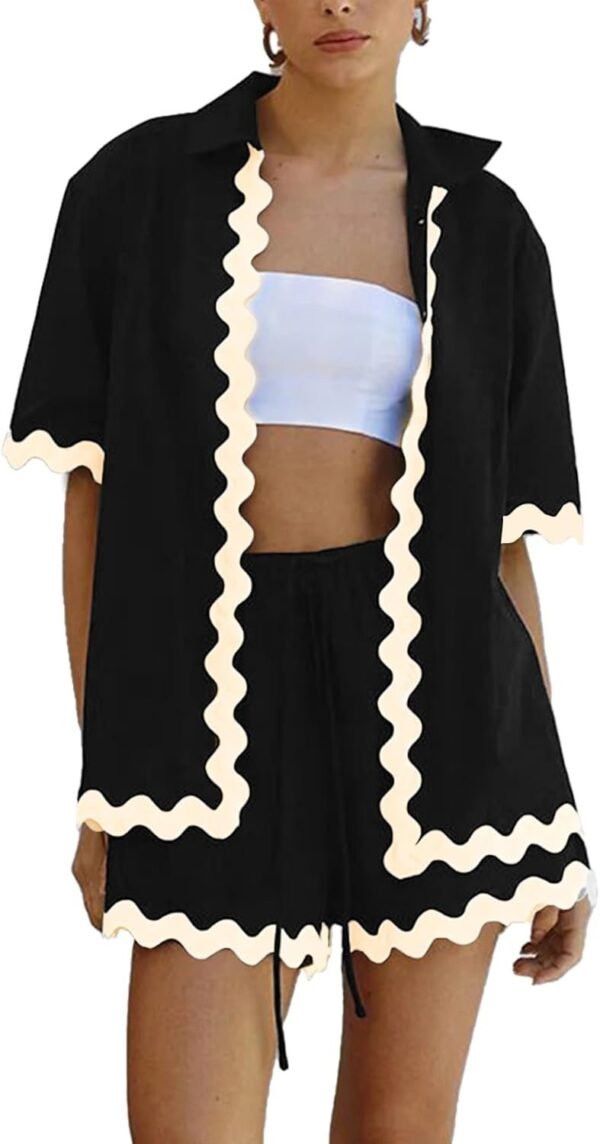 Women 2 Piece Outfits Summer Cotton Linen Button up Shirt and Shorts Set Loungewear for Beach Travel Vacation