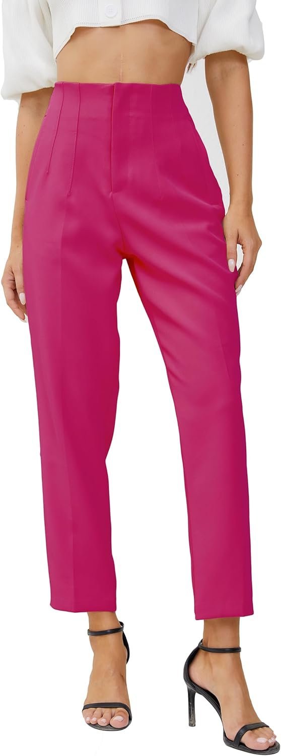 Women's High Waisted Business Trousers Straight Leg Pleated Office Slacks Pants