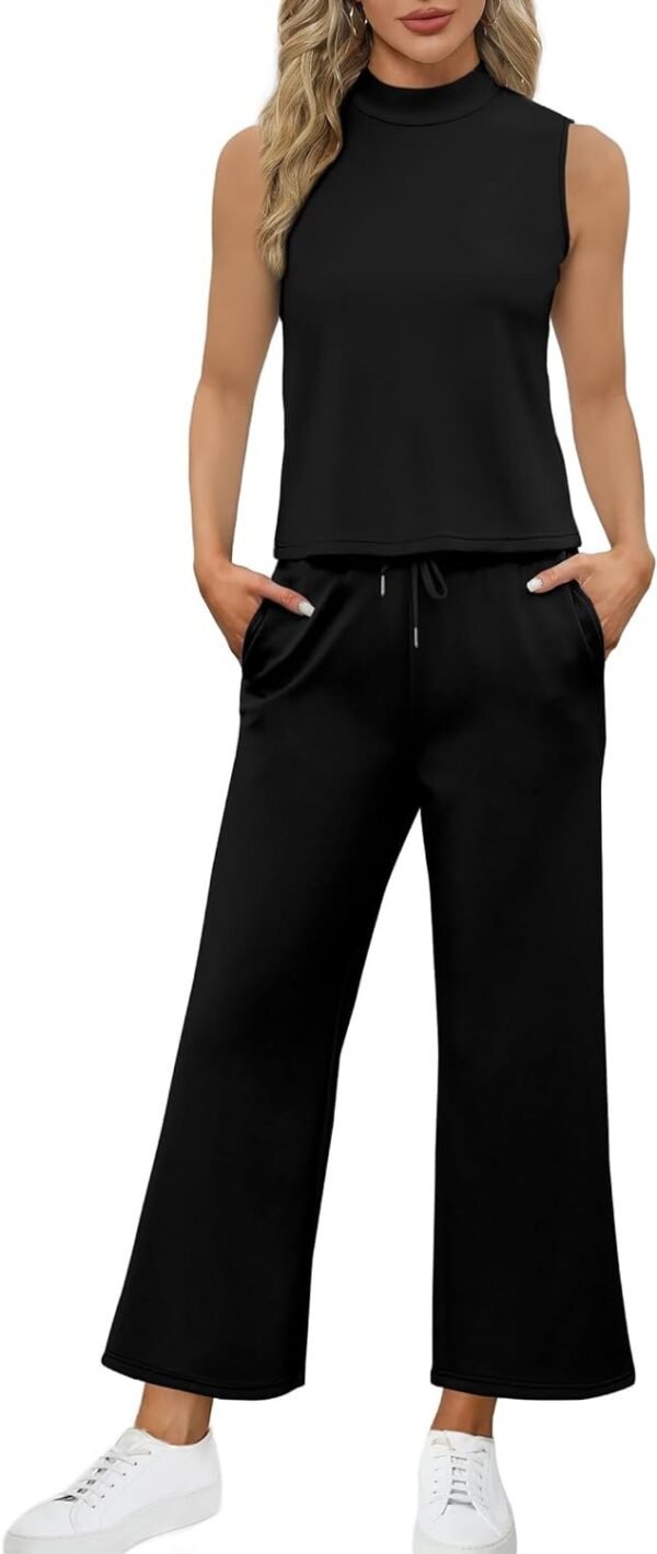 Two Piece Sets for Women Summer Outfits Lounge Sets Mock Neck Tops Wide Leg Crop Pants Vacation Travel Outfits