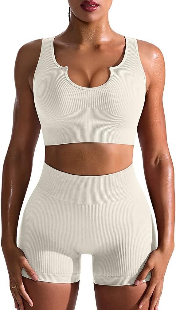 Workout Outfits for Women 2 Piece Seamless Ribbed High Waist Leggings with Sports Bra Exercise Set…