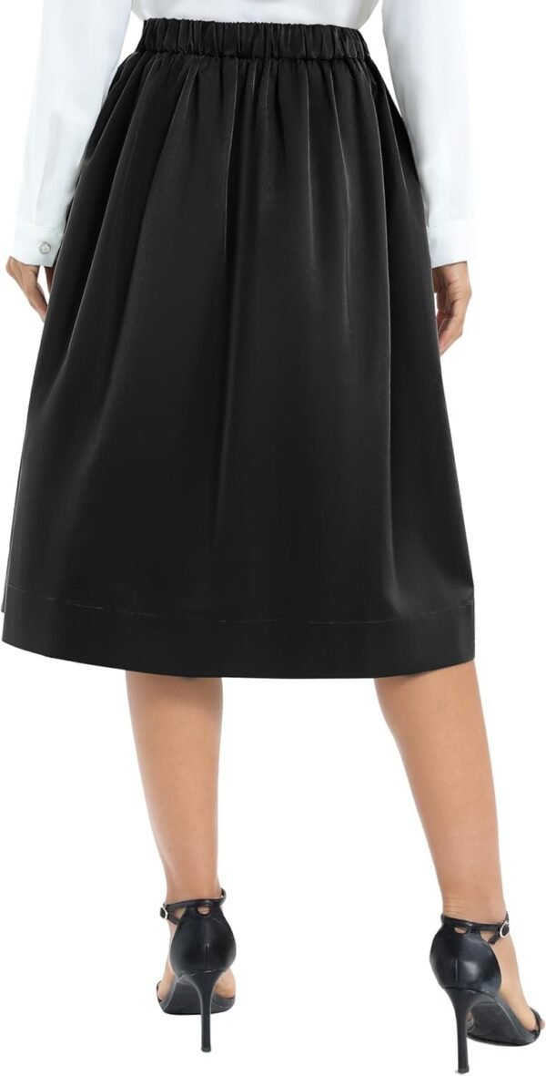 Women's Casual Elastic Waist Vintage A-Line Pleated Flared Midi Skirt with Pockets