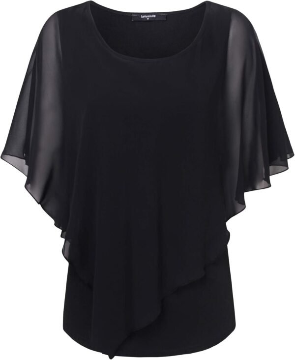Women's Lightweight Flowy Shirt Double-Layered Printed Chiffon Poncho Blouse Top
