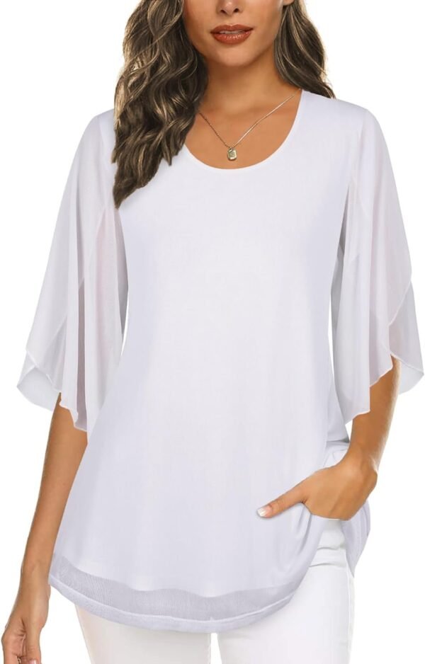 Women's Tops 3/4 Sleeve Blouses Dressy Casual Double Layers Mesh Tunic Shirts