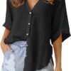 Womens Button Down Linen Shirts V Neck Roll Up Cuffed Sleeve Blouses Loose Collared Shirt Casual Formal Work Office Tops