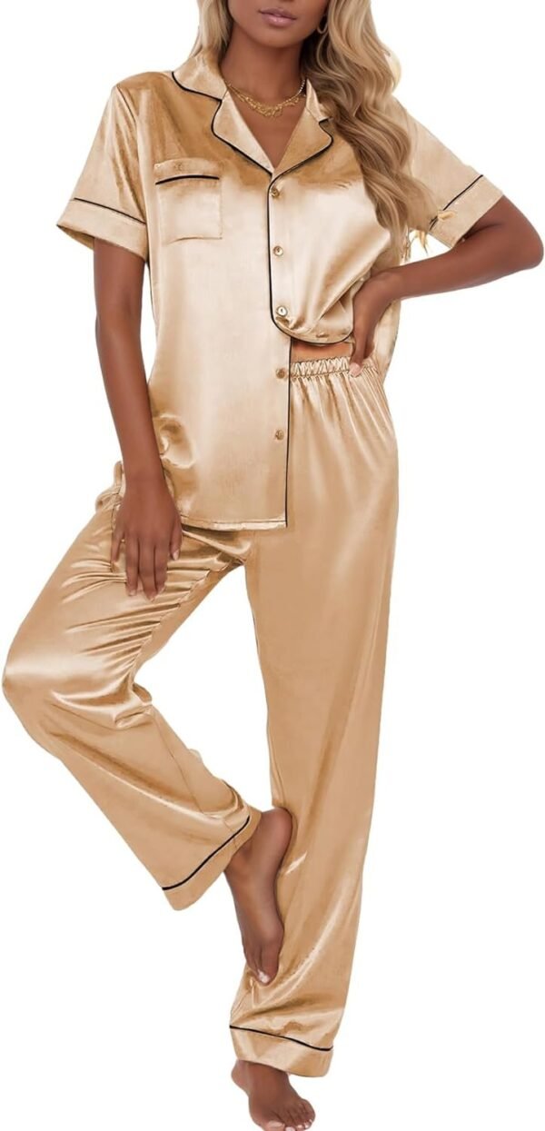 Silk Pajama Set for Women Satin Short Sleeve Sleepwear Button Down Loungewear 2 Piece Pj Sets