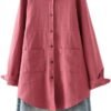 Women's Linen Shirts Button Down Long Tunic Tops Plus Size Blouse with Pockets