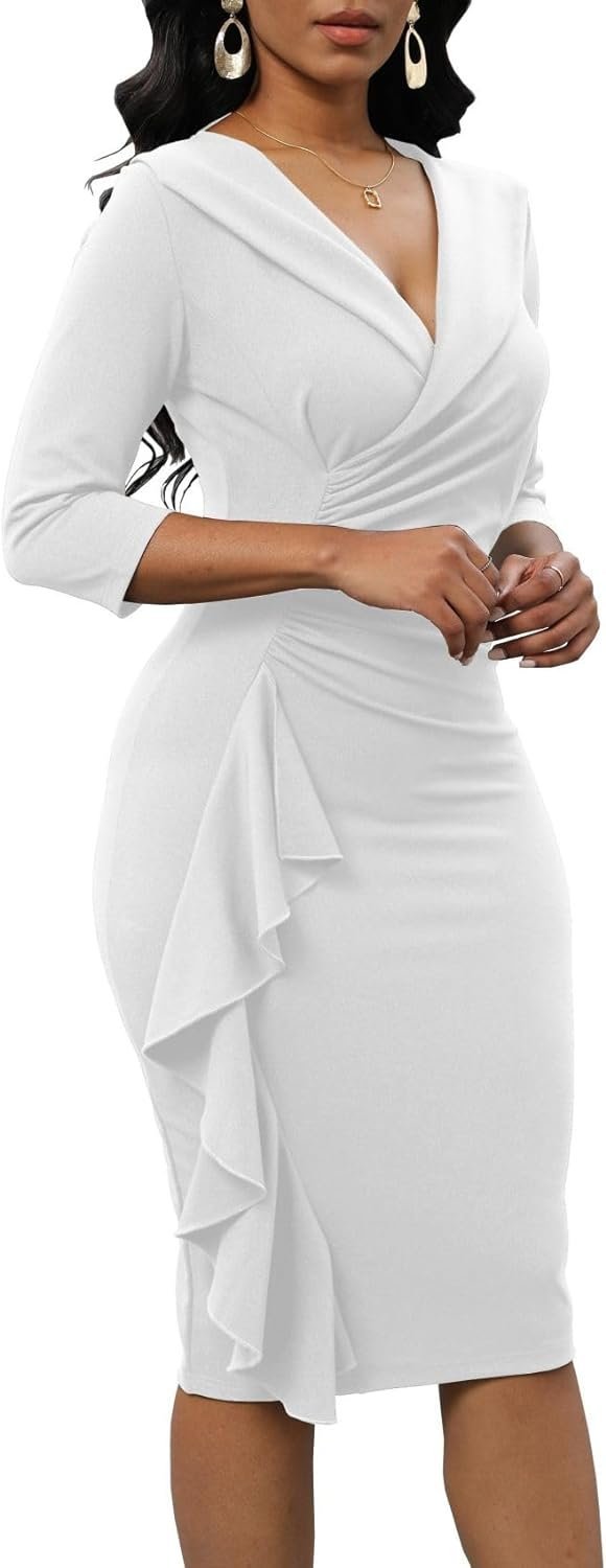 Women's Sexy V Neck 3/4 Sleeve Vintage Warp Ruffle Ruched Bodycon Cocktail Party Midi Dress