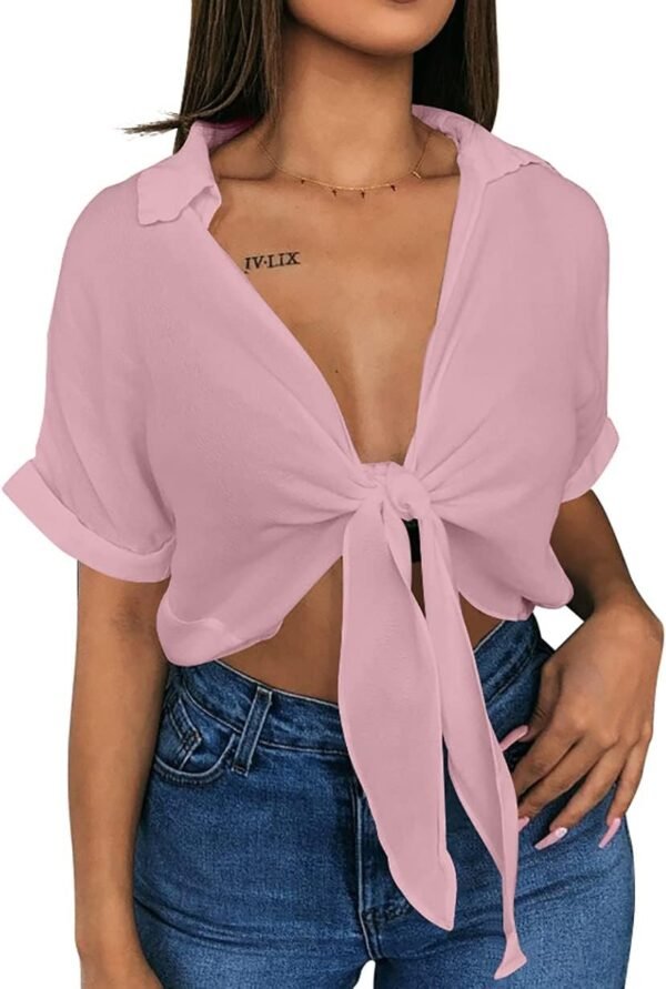 Womens Summer Short Sleeve Shirts V Neck Tie Knot Batwing Blouses Tops