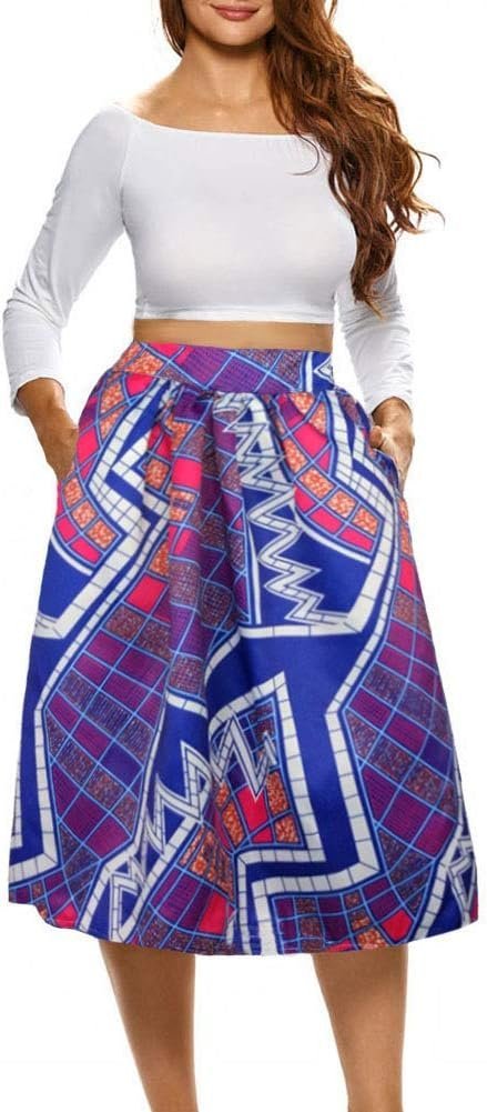 Womens African Print Skirt Boho Flare Pleated Midi Skirt with Pockets