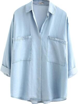Women's Soft Tencel Denim Shirts Casual 3/4 Sleeve Button Down Blouses