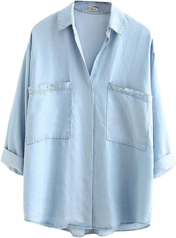 Women's Soft Tencel Denim Shirts Casual 3/4 Sleeve Button Down Blouses