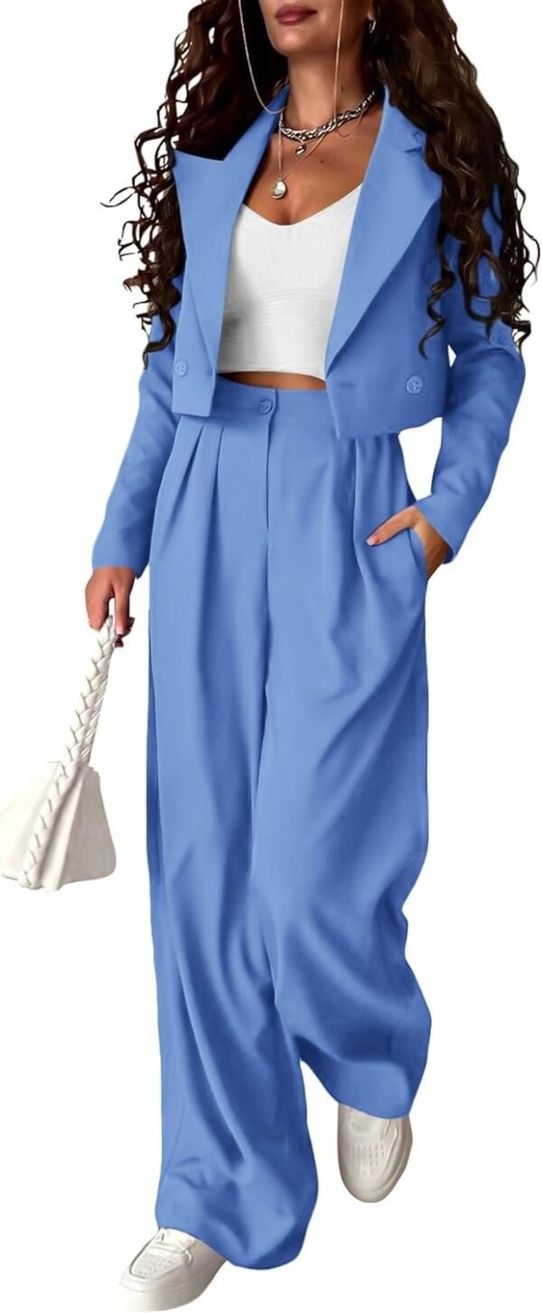 Womens Cropped Blazer Jackets High Waisted Wide Leg Work Pants Suit Set