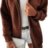 Women Casual Full Zip Up Plush Hoodie Comfy Loose Solid Sweatshirt Long Sleeve Jacket with Pockets