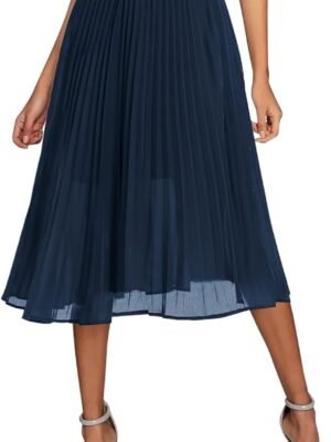 Women's Elastic High Wasit Pleated Skirt Woven Casual Midi Swing Skirt