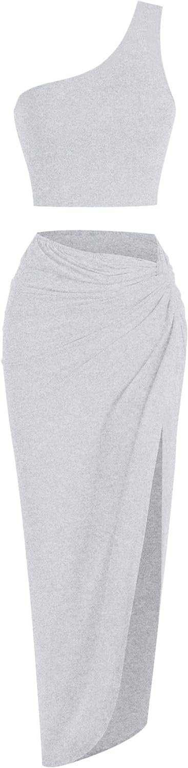 Women’s 2 Pieces Skirt with Crop Tank, High-Slit Twist Skirt Set Bodycon Dress for Party Club Nightout Cocktail