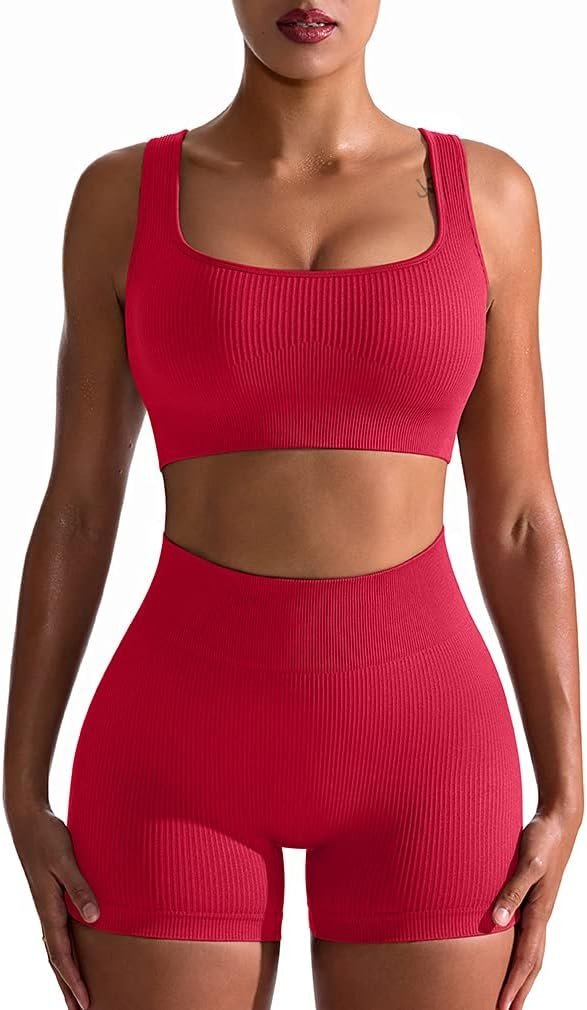 Workout Outfits for Women 2 Piece Seamless Ribbed High Waist Leggings with Sports Bra Exercise Set…