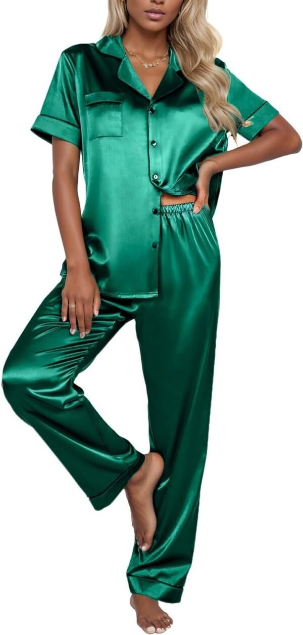 Silk Pajama Set for Women Satin Short Sleeve Sleepwear Button Down Loungewear 2 Piece Pj Sets