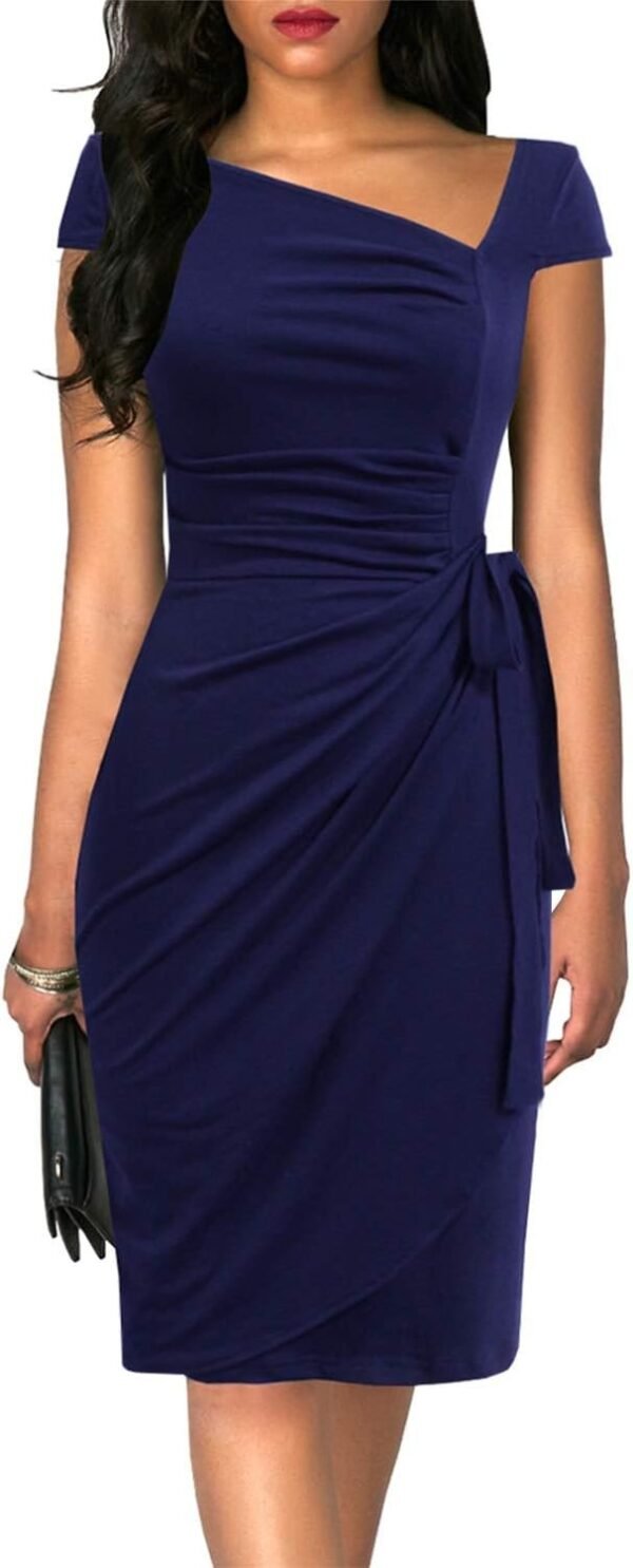 Women's Retro 1950s Cap Sleeve Knee-Length Sheath Slim Business Casual Party Ruched Bodycon Faux Wrap Dress