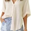 Womens Button Down Linen Shirts V Neck Roll Up Cuffed Sleeve Blouses Loose Collared Shirt Casual Formal Work Office Tops