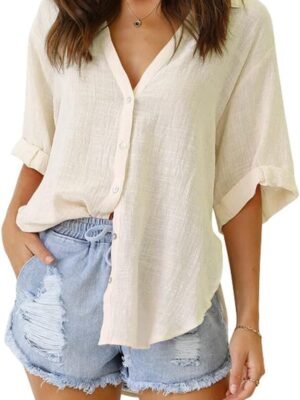 Womens Button Down Linen Shirts V Neck Roll Up Cuffed Sleeve Blouses Loose Collared Shirt Casual Formal Work Office Tops