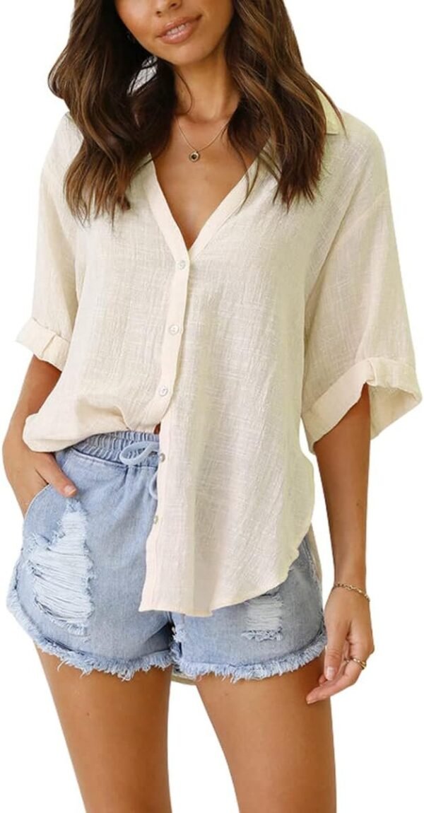 Womens Button Down Linen Shirts V Neck Roll Up Cuffed Sleeve Blouses Loose Collared Shirt Casual Formal Work Office Tops