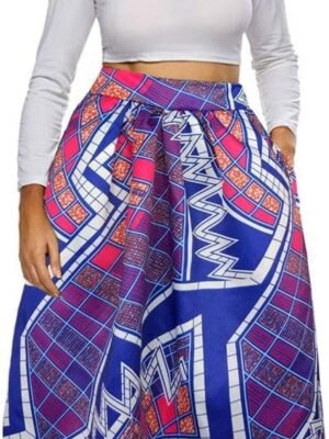Womens African Print Skirt Boho Flare Pleated Midi Skirt with Pockets