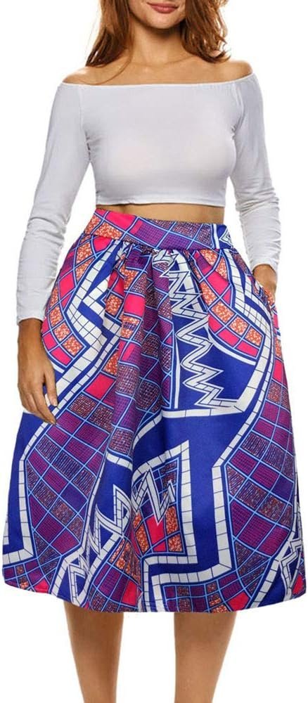 Womens African Print Skirt Boho Flare Pleated Midi Skirt with Pockets