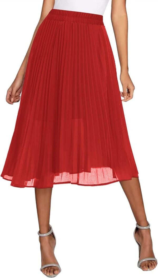 Women's Elastic High Wasit Pleated Skirt Woven Casual Midi Swing Skirt