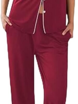 Women Pajamas Set Button Down Sleepwear Short Sleeve Nightwear with Long Pants Soft Pjs Set with Pockets S-XXL