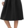 Women's Casual Elastic Waist Vintage A-Line Pleated Flared Midi Skirt with Pockets