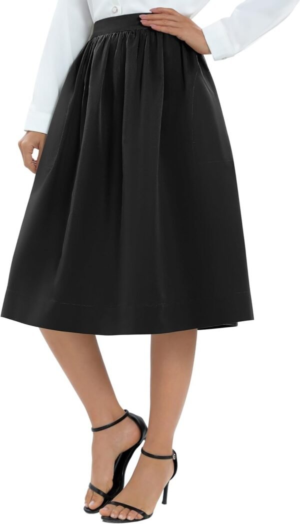 Women's Casual Elastic Waist Vintage A-Line Pleated Flared Midi Skirt with Pockets