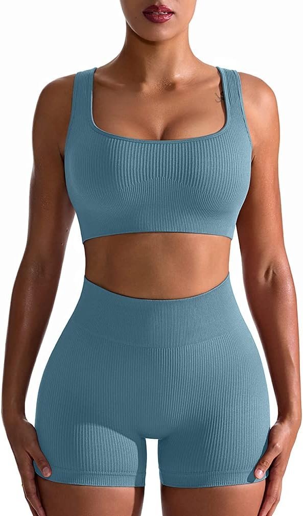 Workout Outfits for Women 2 Piece Seamless Ribbed High Waist Leggings with Sports Bra Exercise Set…
