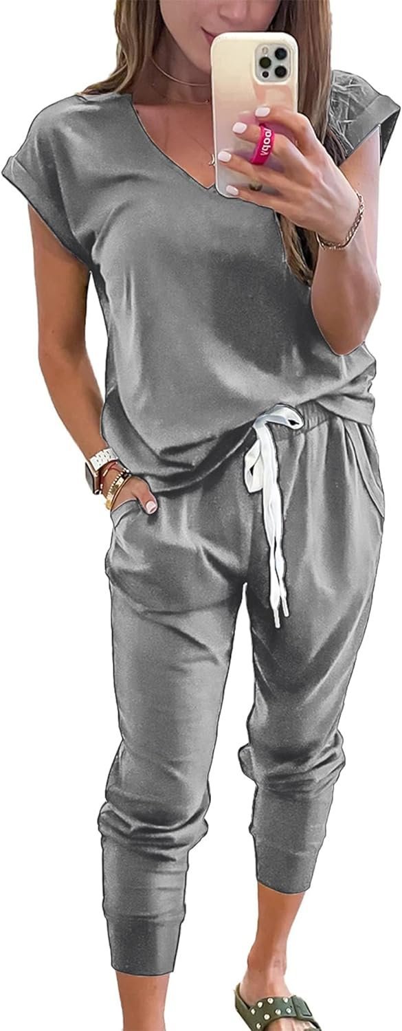 Womens V Neck Short Sleeve Top And Long Pants