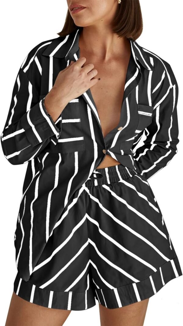 Women's Striped 2 Piece Outfits Casual Oversized Button Down Shirts and Short Lounge Pajamas Set
