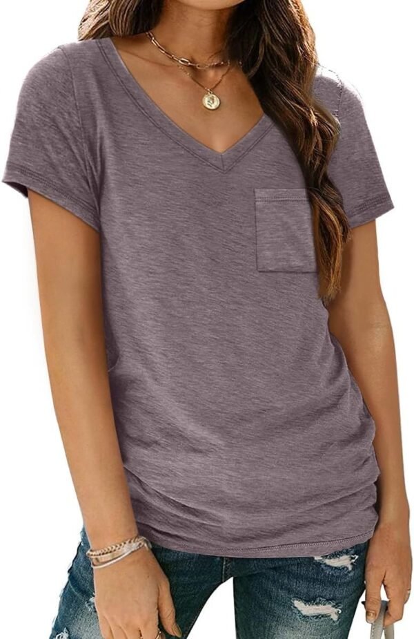Womens T Shirts Short Sleeve V Neck Tops with Pockets Summer Fashion Trendy Soft Casual Comfy Outfits Clothes 2024